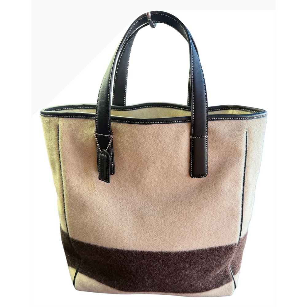 Coach Wool Stripe Tote Bag Cream Brown Leather Trim Large Satchel Purse 8128